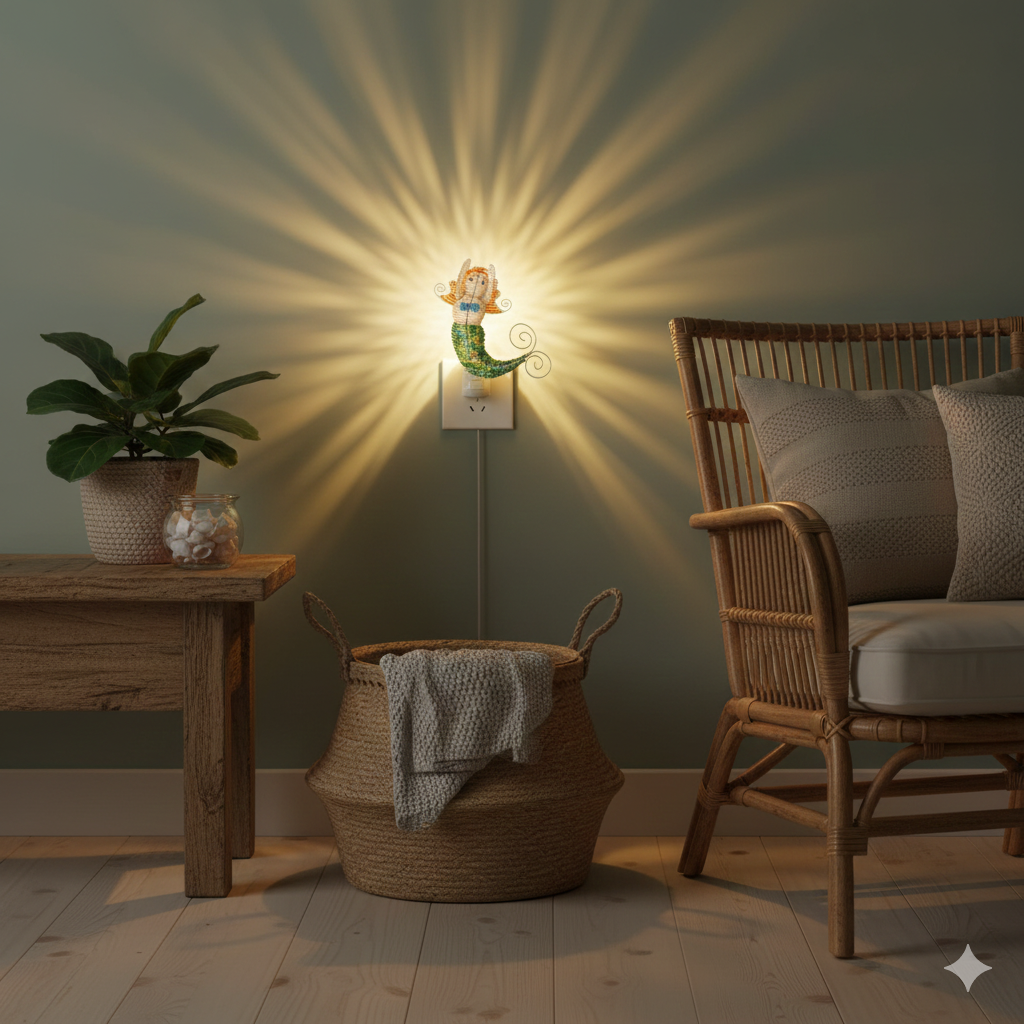 Handmade Beaded Mermaid Night Light – Haitian Artisan Coastal Decor.