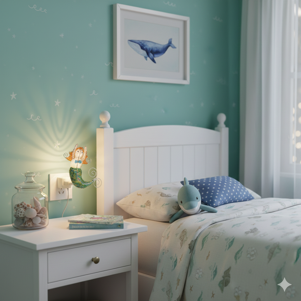 Handmade Beaded Mermaid Night Light – Haitian Artisan Coastal Decor.